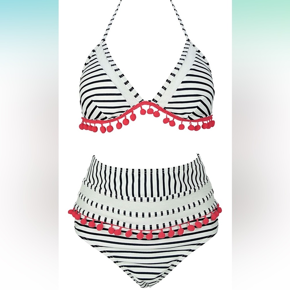 Women's Mesh Striped HighWaist Bikini Set Tassel Trim Top Halter Straps Swimsuit